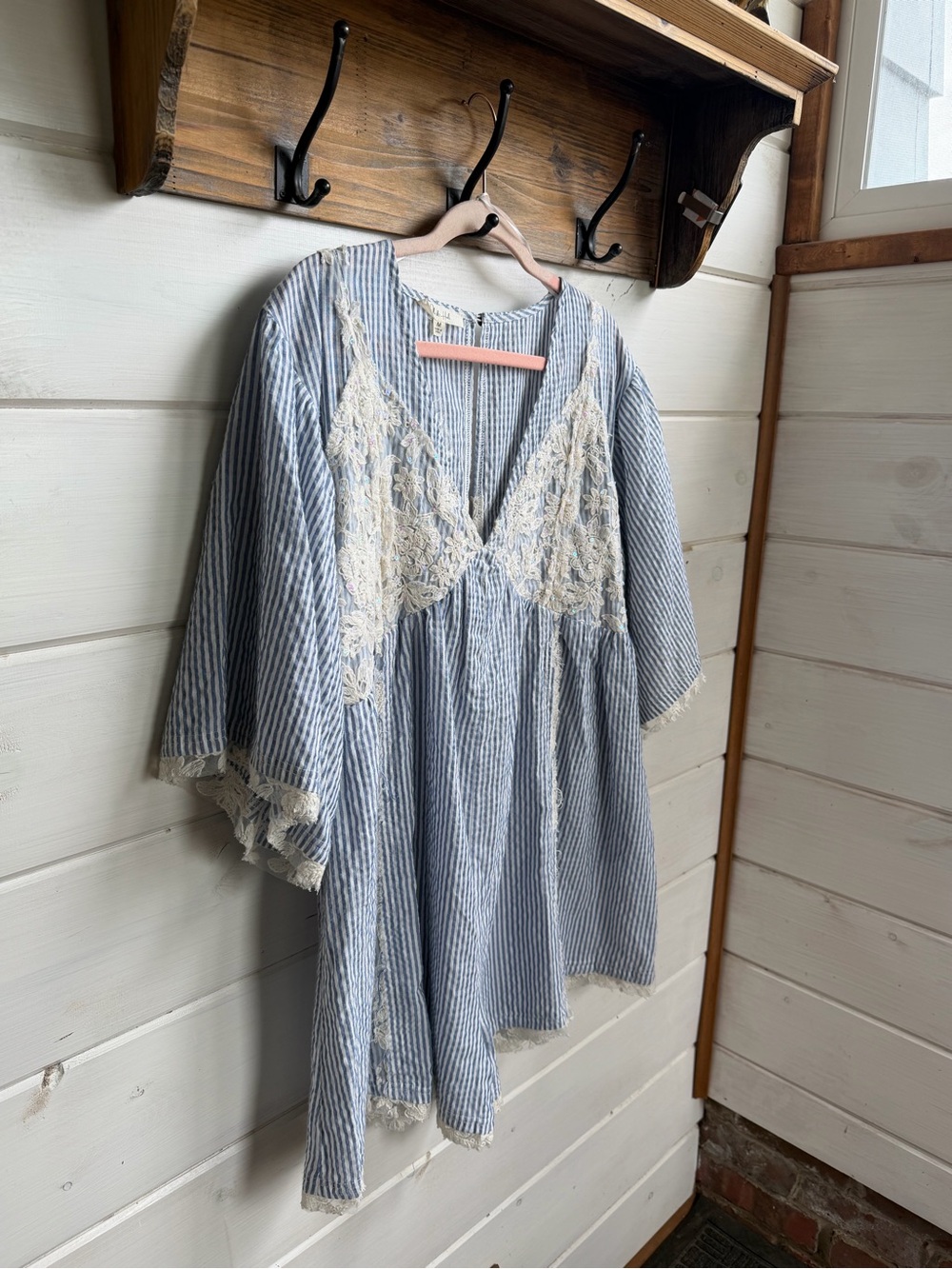 Oli & Hali Light Blue and White Striped Lace-& Sequins Trim Romper